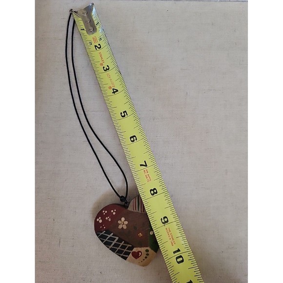 VTG Hand Painted Carved Puffy Heart Pendant Patchwork Design Sterling 925 Clasp - Picture 7 of 7